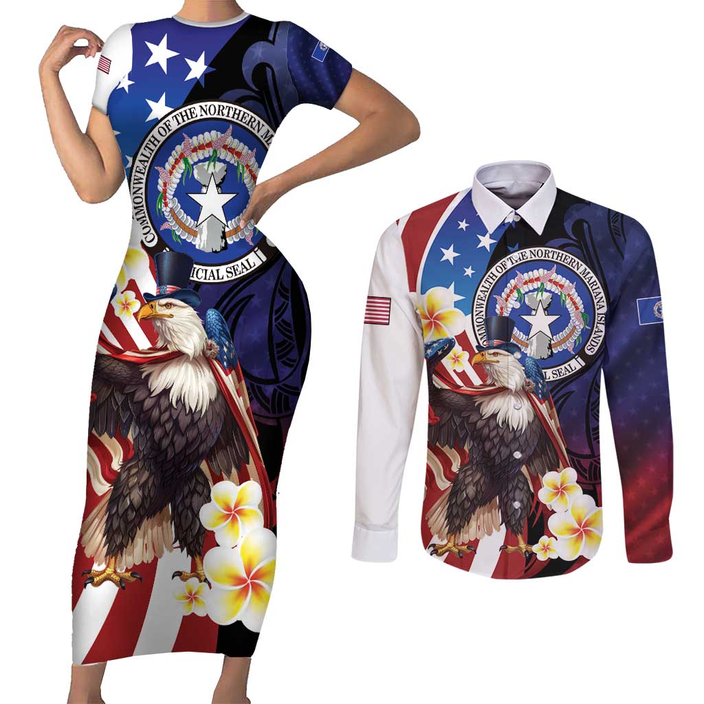 Personalized Northern Mariana Islands 4th of July Couples Matching Short Sleeve Bodycon Dress and Long Sleeve Button Shirt Plumeria USA Eagle LT01 Multicolor - Polynesian Pride