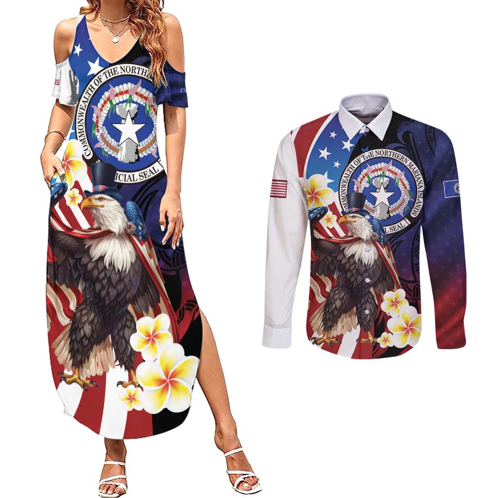 Personalized Northern Mariana Islands 4th of July Couples Matching Summer Maxi Dress and Long Sleeve Button Shirt Plumeria USA Eagle LT01 Multicolor - Polynesian Pride