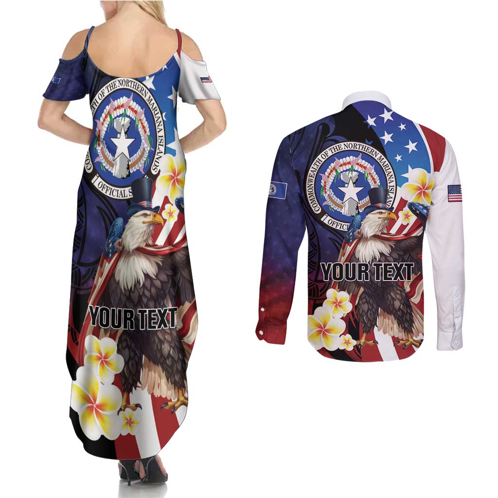 Personalized Northern Mariana Islands 4th of July Couples Matching Summer Maxi Dress and Long Sleeve Button Shirt Plumeria USA Eagle LT01 - Polynesian Pride