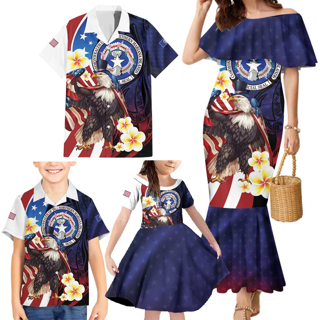 Personalized Northern Mariana Islands 4th of July Family Matching Mermaid Dress and Hawaiian Shirt Plumeria USA Eagle LT01 - Polynesian Pride