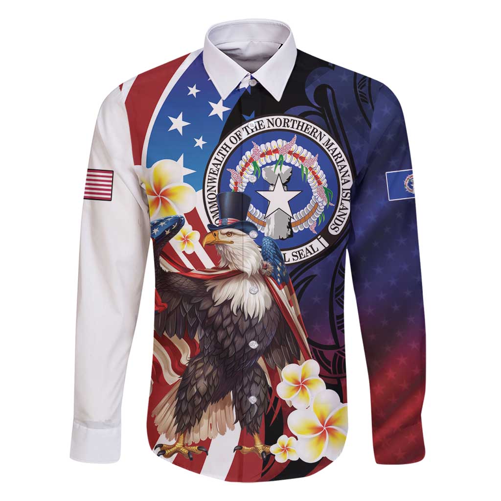 Personalized Northern Mariana Islands 4th of July Family Matching Mermaid Dress and Hawaiian Shirt Plumeria USA Eagle LT01 Dad's Shirt - Long Sleeve Multicolor - Polynesian Pride