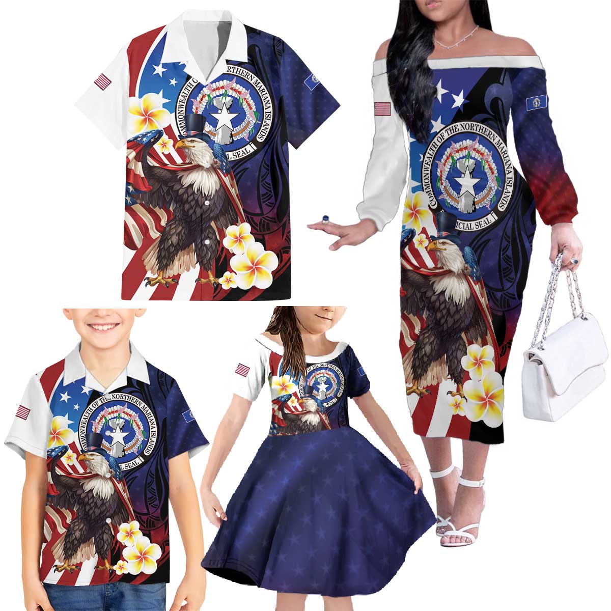 Personalized Northern Mariana Islands 4th of July Family Matching Off The Shoulder Long Sleeve Dress and Hawaiian Shirt Plumeria USA Eagle LT01 - Polynesian Pride