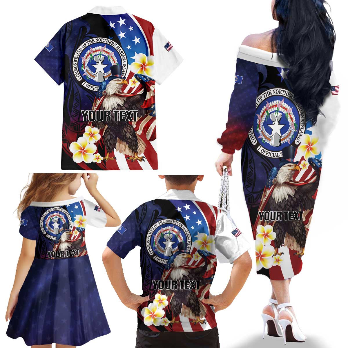 Personalized Northern Mariana Islands 4th of July Family Matching Off The Shoulder Long Sleeve Dress and Hawaiian Shirt Plumeria USA Eagle LT01 - Polynesian Pride