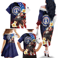 Personalized Northern Mariana Islands 4th of July Family Matching Off The Shoulder Long Sleeve Dress and Hawaiian Shirt Plumeria USA Eagle LT01 - Polynesian Pride