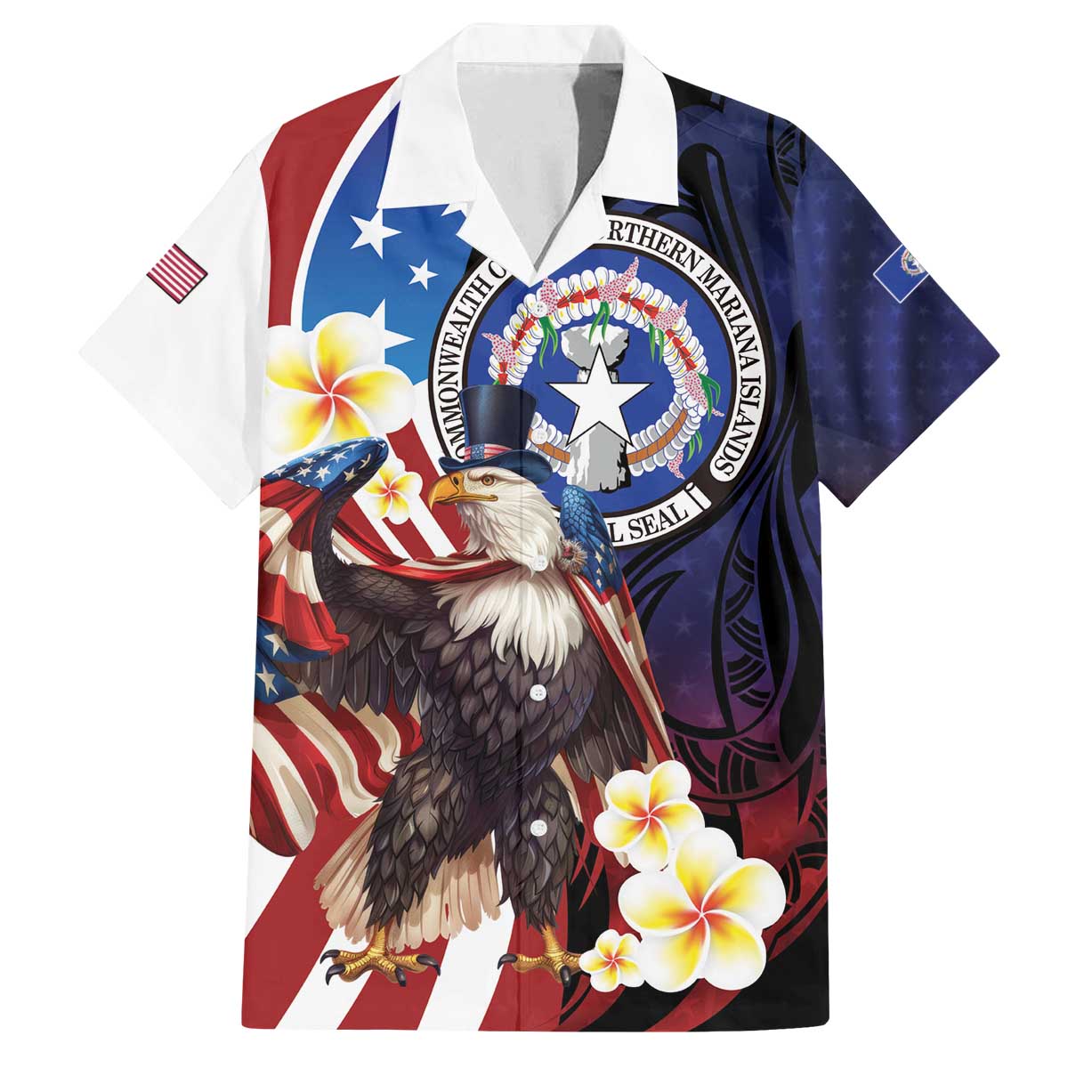 Personalized Northern Mariana Islands 4th of July Family Matching Off The Shoulder Long Sleeve Dress and Hawaiian Shirt Plumeria USA Eagle LT01 Dad's Shirt - Short Sleeve Multicolor - Polynesian Pride