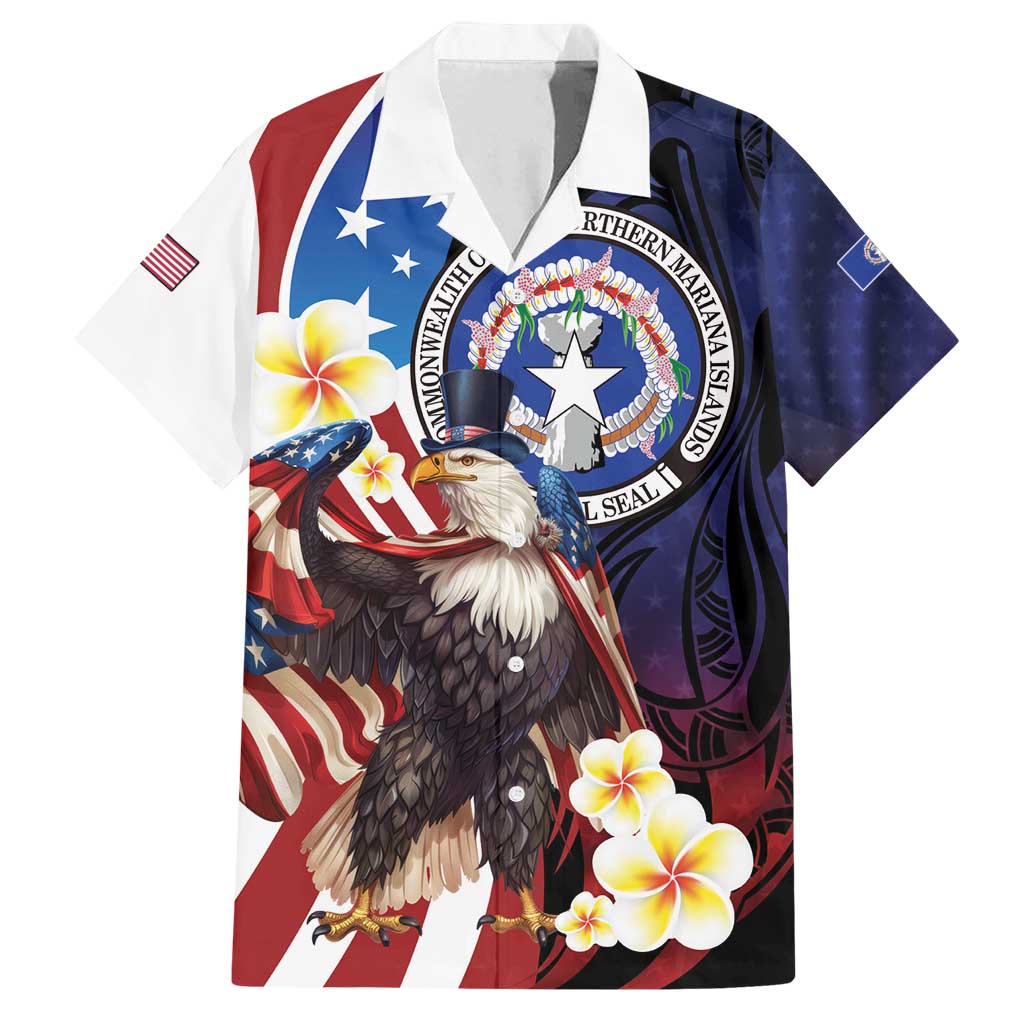 Personalized Northern Mariana Islands 4th of July Family Matching Off Shoulder Maxi Dress and Hawaiian Shirt Plumeria USA Eagle LT01 Dad's Shirt - Short Sleeve Multicolor - Polynesian Pride