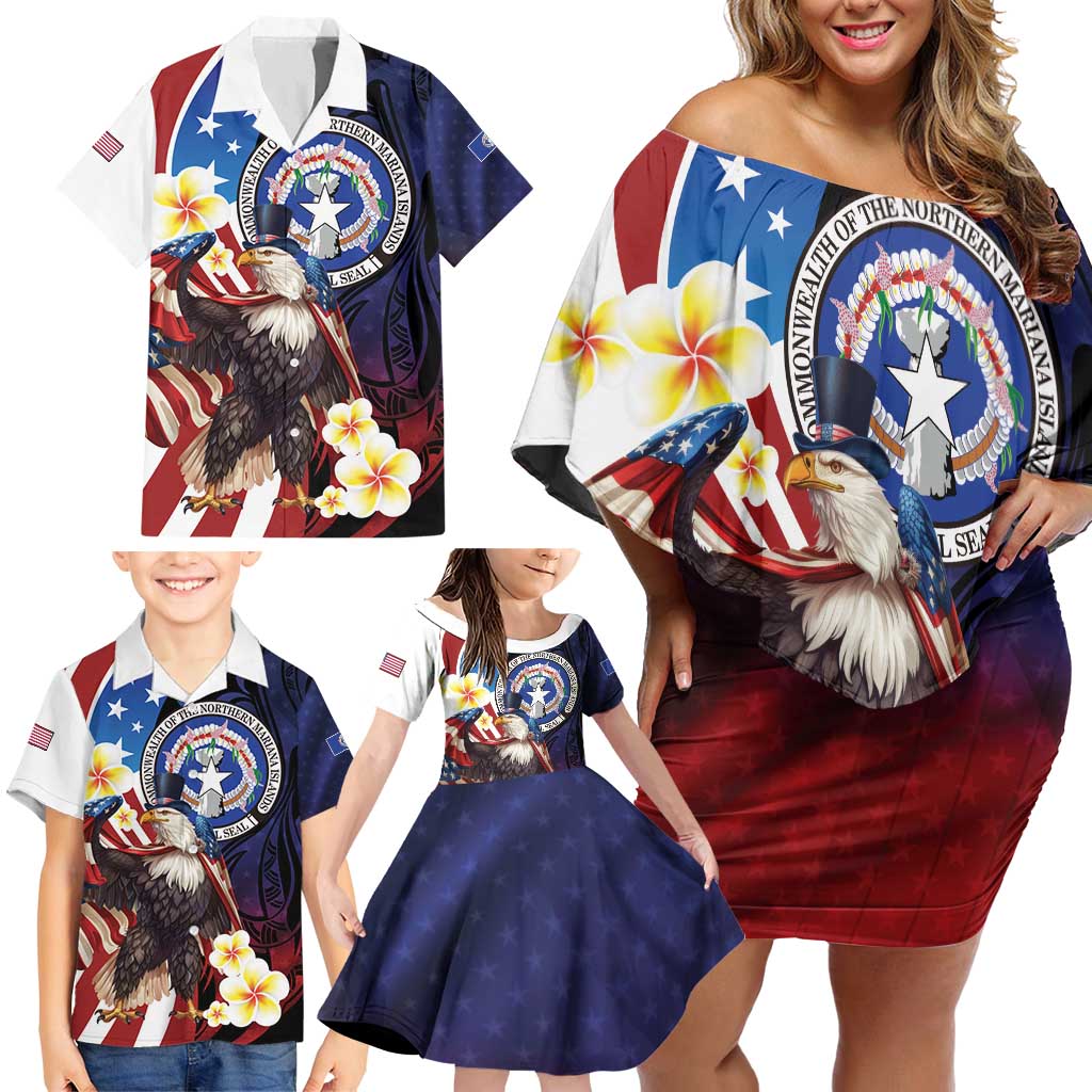Personalized Northern Mariana Islands 4th of July Family Matching Off Shoulder Short Dress and Hawaiian Shirt Plumeria USA Eagle LT01 - Polynesian Pride