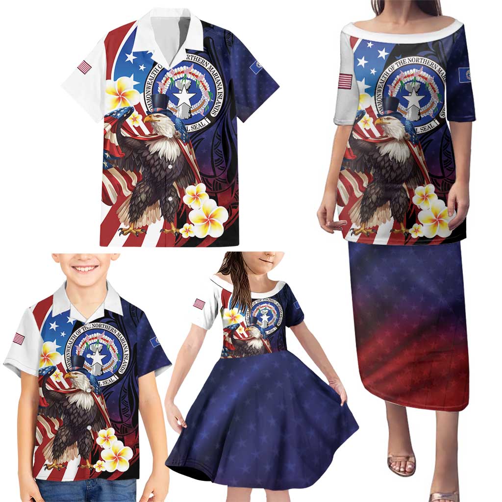 Personalized Northern Mariana Islands 4th of July Family Matching Puletasi and Hawaiian Shirt Plumeria USA Eagle LT01 - Polynesian Pride