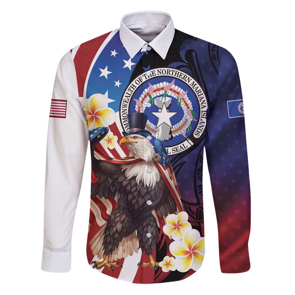 Personalized Northern Mariana Islands 4th of July Family Matching Puletasi and Hawaiian Shirt Plumeria USA Eagle LT01 Dad's Shirt - Long Sleeve Multicolor - Polynesian Pride
