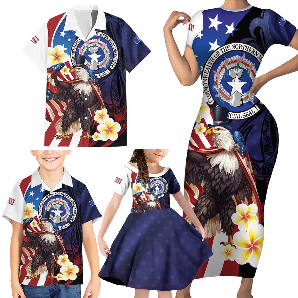 Personalized Northern Mariana Islands 4th of July Family Matching Short Sleeve Bodycon Dress and Hawaiian Shirt Plumeria USA Eagle LT01 - Polynesian Pride