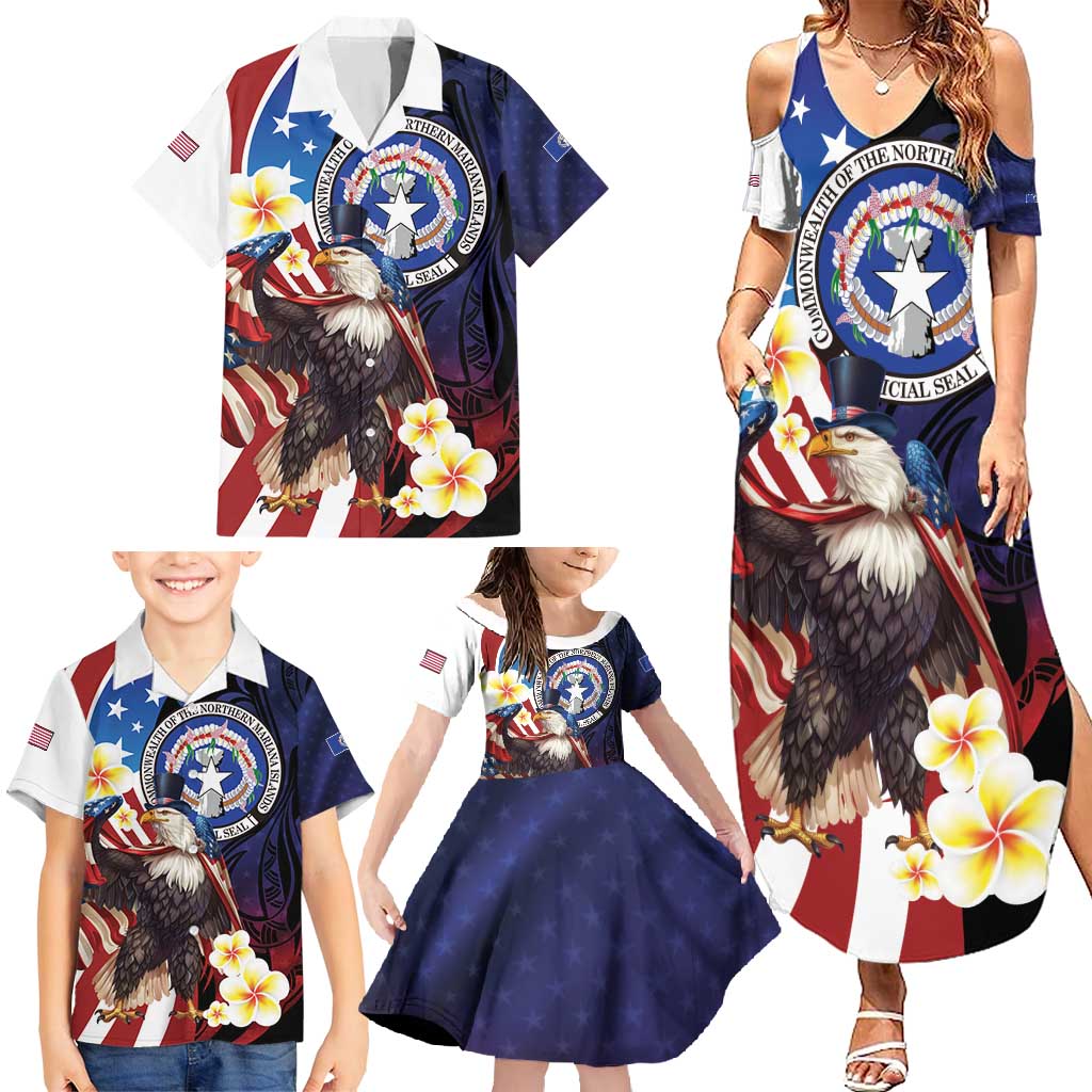 Personalized Northern Mariana Islands 4th of July Family Matching Summer Maxi Dress and Hawaiian Shirt Plumeria USA Eagle LT01 - Polynesian Pride