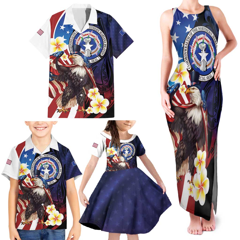 Personalized Northern Mariana Islands 4th of July Family Matching Tank Maxi Dress and Hawaiian Shirt Plumeria USA Eagle LT01 - Polynesian Pride