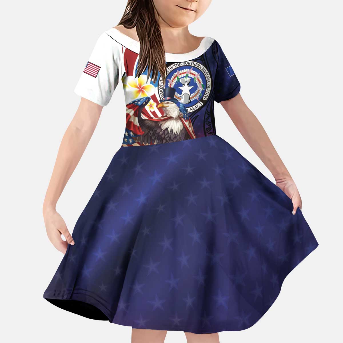 Personalized Northern Mariana Islands 4th of July Kid Short Sleeve Dress Plumeria USA Eagle LT01 KID Multicolor - Polynesian Pride