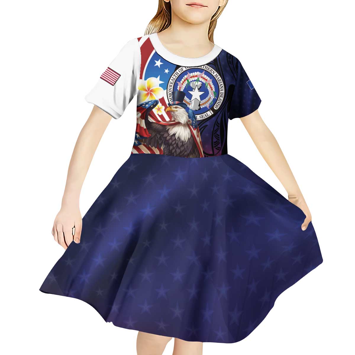 Personalized Northern Mariana Islands 4th of July Kid Short Sleeve Dress Plumeria USA Eagle LT01 - Polynesian Pride