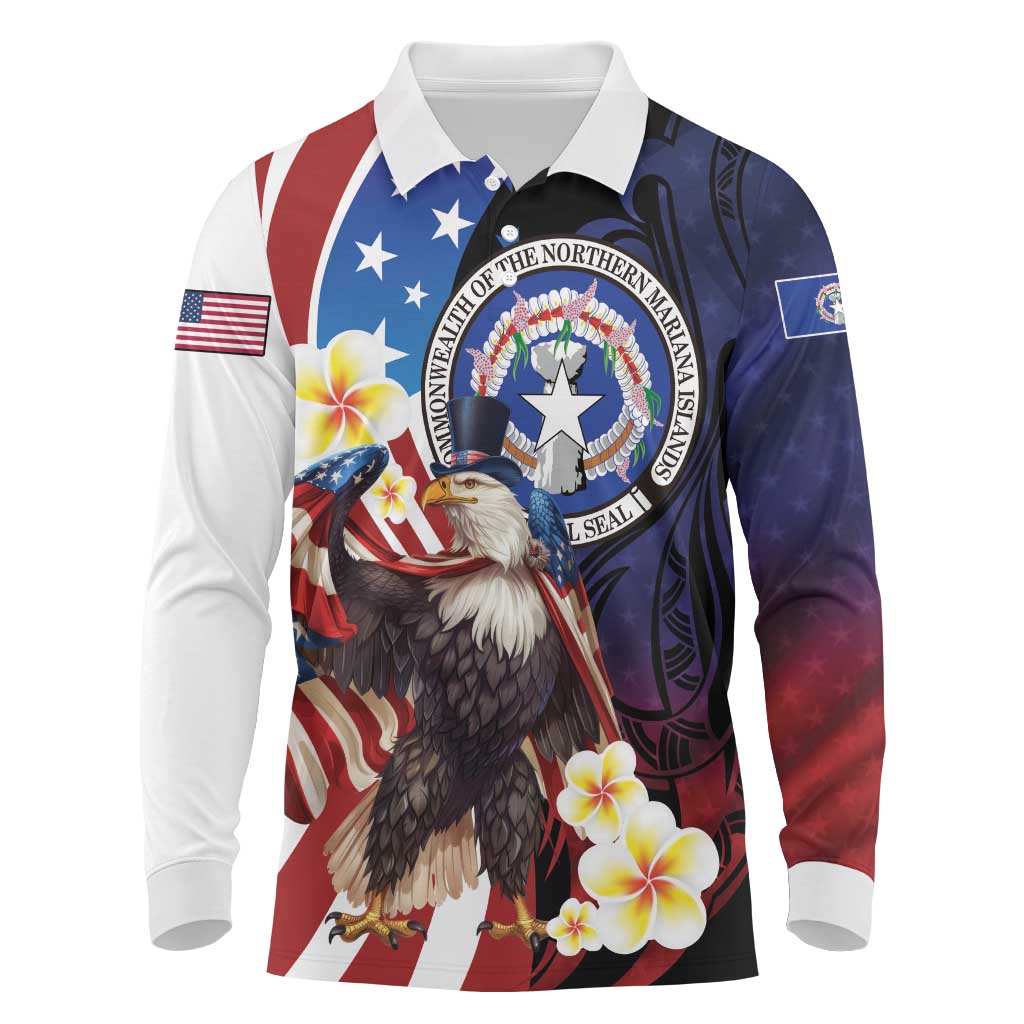 Personalized Northern Mariana Islands 4th of July Long Sleeve Polo Shirt Plumeria USA Eagle LT01 Multicolor - Polynesian Pride