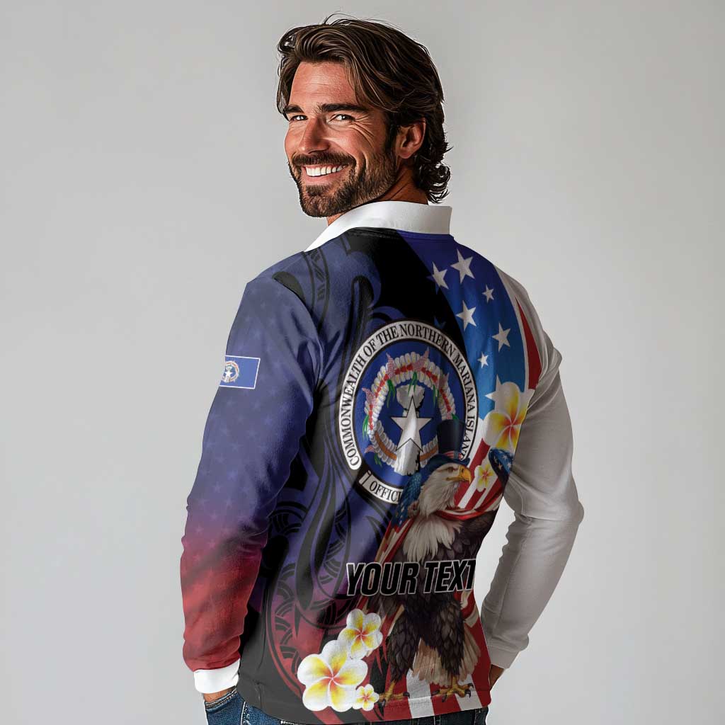 Personalized Northern Mariana Islands 4th of July Long Sleeve Polo Shirt Plumeria USA Eagle LT01 - Polynesian Pride
