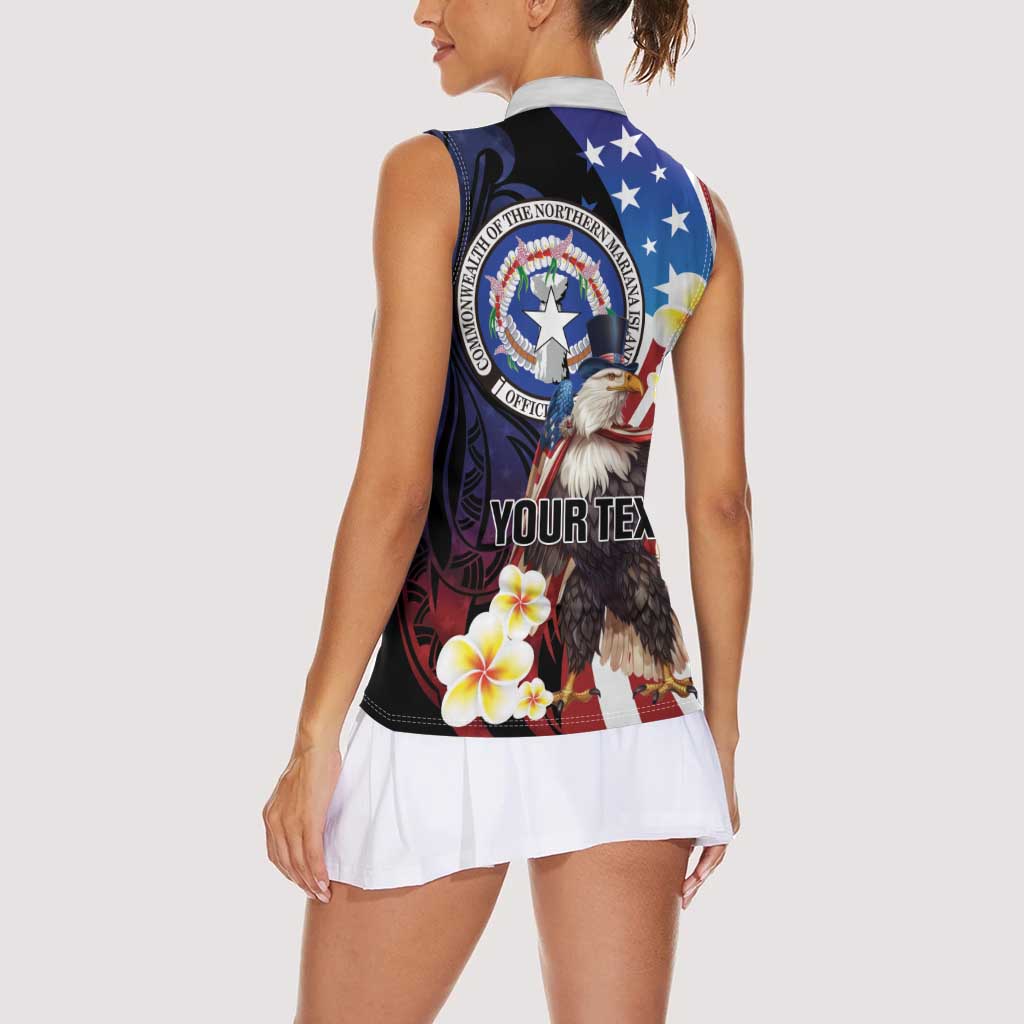 Personalized Northern Mariana Islands 4th of July Women Sleeveless Polo Shirt Plumeria USA Eagle LT01 - Polynesian Pride