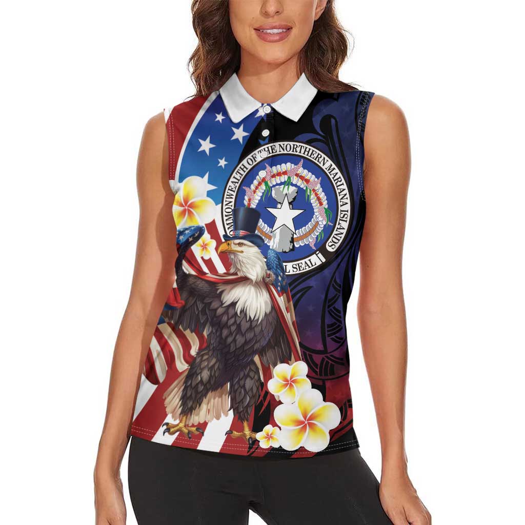 Personalized Northern Mariana Islands 4th of July Women Sleeveless Polo Shirt Plumeria USA Eagle LT01 - Polynesian Pride