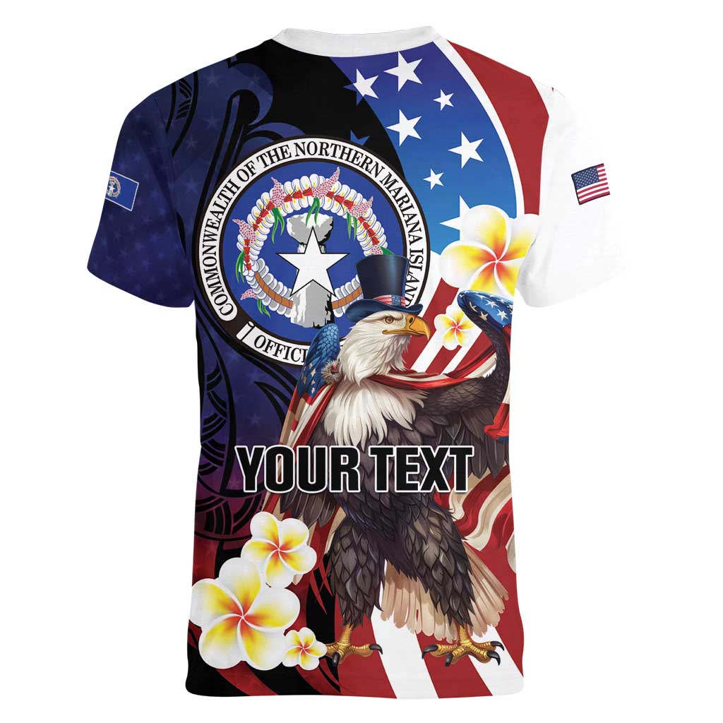 Personalized Northern Mariana Islands 4th of July Women V-Neck T-Shirt Plumeria USA Eagle LT01 - Polynesian Pride