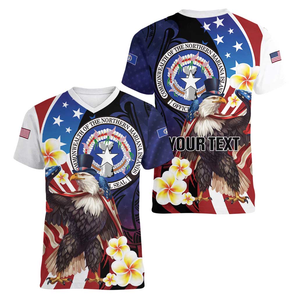 Personalized Northern Mariana Islands 4th of July Women V-Neck T-Shirt Plumeria USA Eagle LT01 - Polynesian Pride