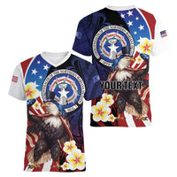 Personalized Northern Mariana Islands 4th of July Women V-Neck T-Shirt Plumeria USA Eagle LT01 - Polynesian Pride