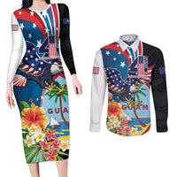 Personalized Guam Fourth of July Couples Matching Long Sleeve Bodycon Dress and Long Sleeve Button Shirt Tropical Flowers LT01 Multicolor - Polynesian Pride