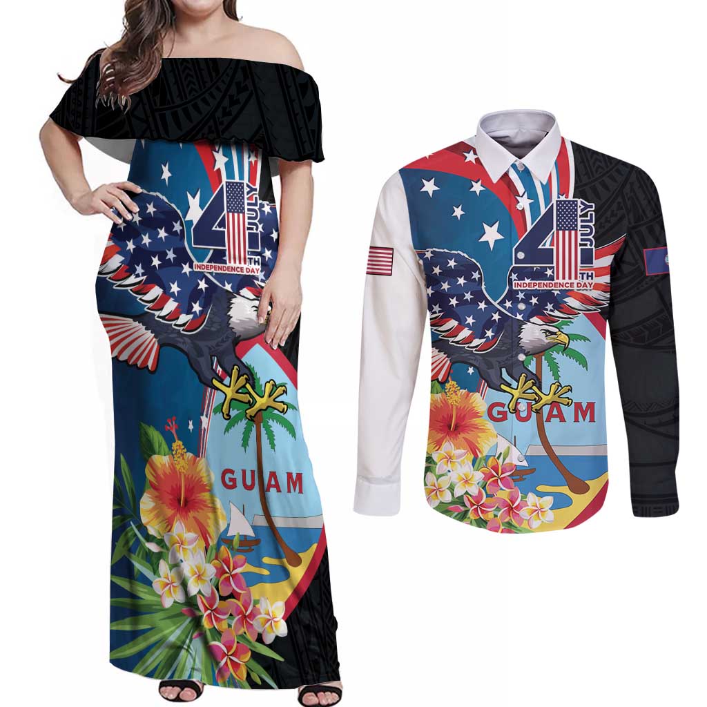 Personalized Guam Fourth of July Couples Matching Off Shoulder Maxi Dress and Long Sleeve Button Shirt Tropical Flowers LT01 Multicolor - Polynesian Pride