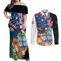 Personalized Guam Fourth of July Couples Matching Off Shoulder Maxi Dress and Long Sleeve Button Shirt Tropical Flowers LT01 Multicolor - Polynesian Pride