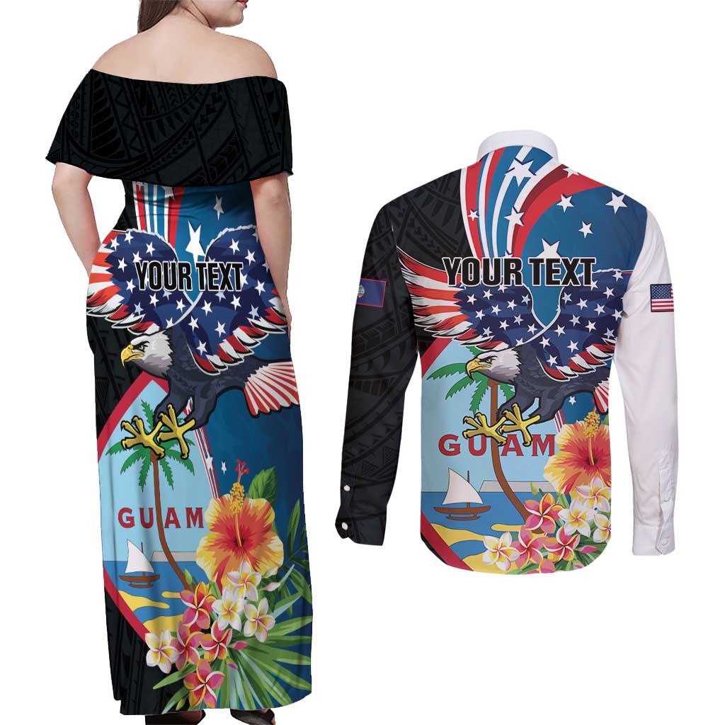 Personalized Guam Fourth of July Couples Matching Off Shoulder Maxi Dress and Long Sleeve Button Shirt Tropical Flowers LT01 - Polynesian Pride