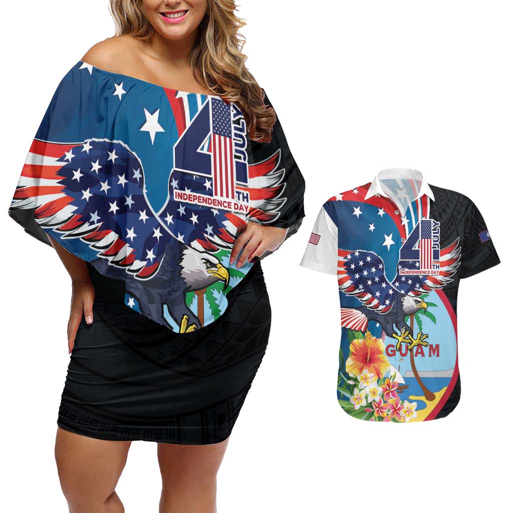 Personalized Guam Fourth of July Couples Matching Off Shoulder Short Dress and Hawaiian Shirt Tropical Flowers LT01 Multicolor - Polynesian Pride