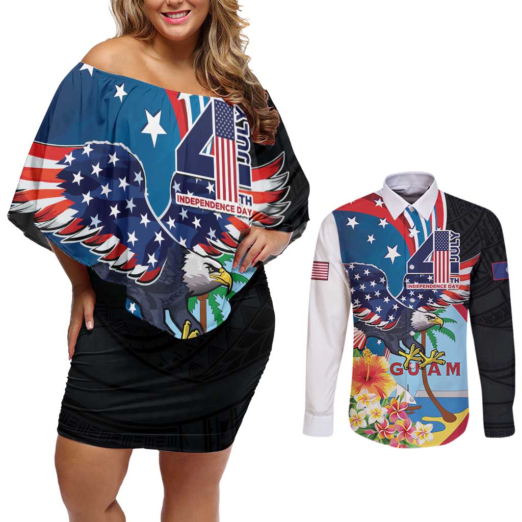 Personalized Guam Fourth of July Couples Matching Off Shoulder Short Dress and Long Sleeve Button Shirt Tropical Flowers LT01 Multicolor - Polynesian Pride