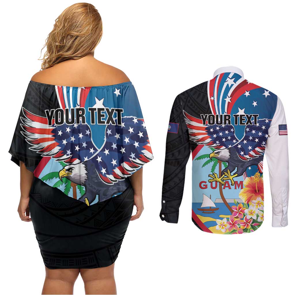 Personalized Guam Fourth of July Couples Matching Off Shoulder Short Dress and Long Sleeve Button Shirt Tropical Flowers LT01 - Polynesian Pride