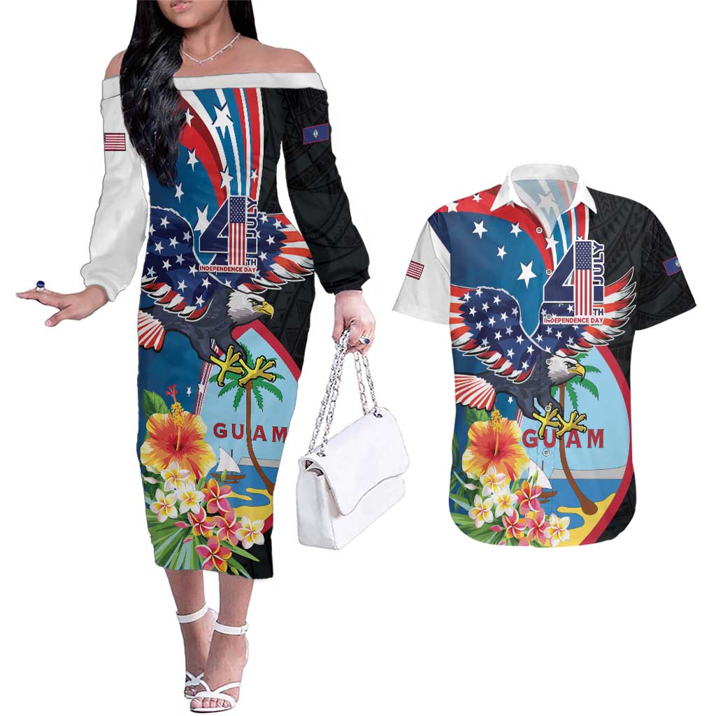 Personalized Guam Fourth of July Couples Matching Off The Shoulder Long Sleeve Dress and Hawaiian Shirt Tropical Flowers LT01 Multicolor - Polynesian Pride