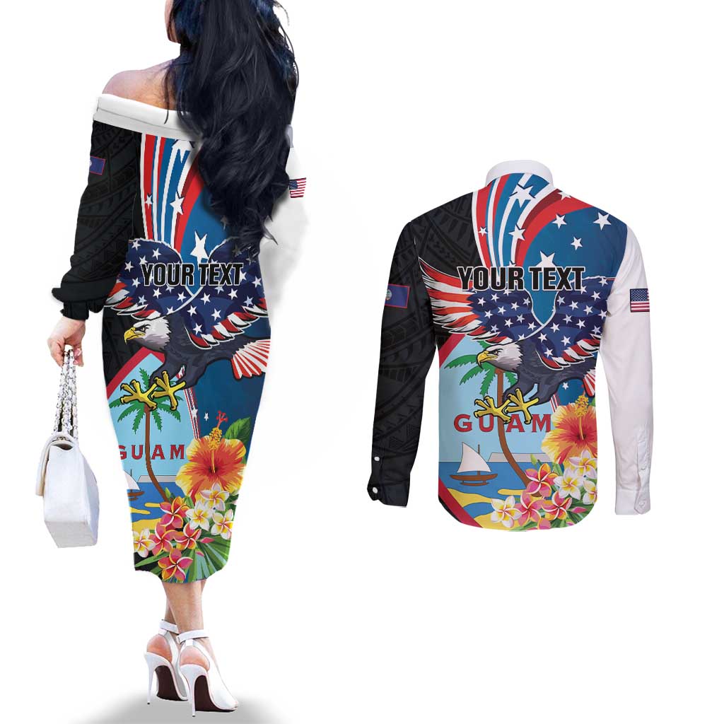 Personalized Guam Fourth of July Couples Matching Off The Shoulder Long Sleeve Dress and Long Sleeve Button Shirt Tropical Flowers LT01 - Polynesian Pride
