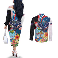 Personalized Guam Fourth of July Couples Matching Off The Shoulder Long Sleeve Dress and Long Sleeve Button Shirt Tropical Flowers LT01 - Polynesian Pride