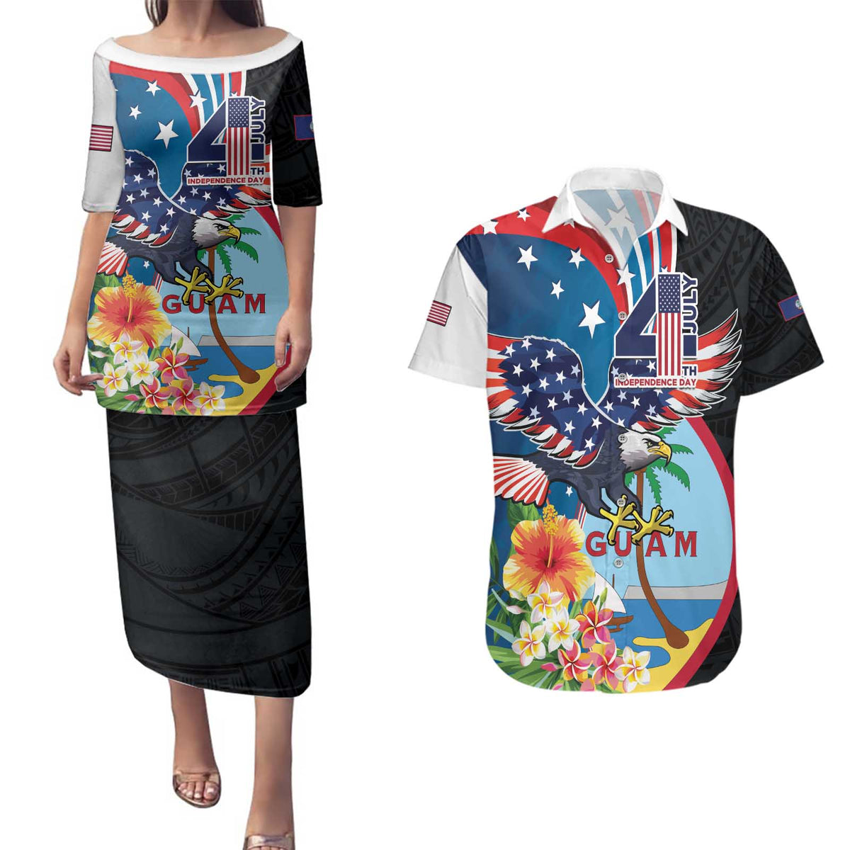 Personalized Guam Fourth of July Couples Matching Puletasi and Hawaiian Shirt Tropical Flowers LT01 Multicolor - Polynesian Pride