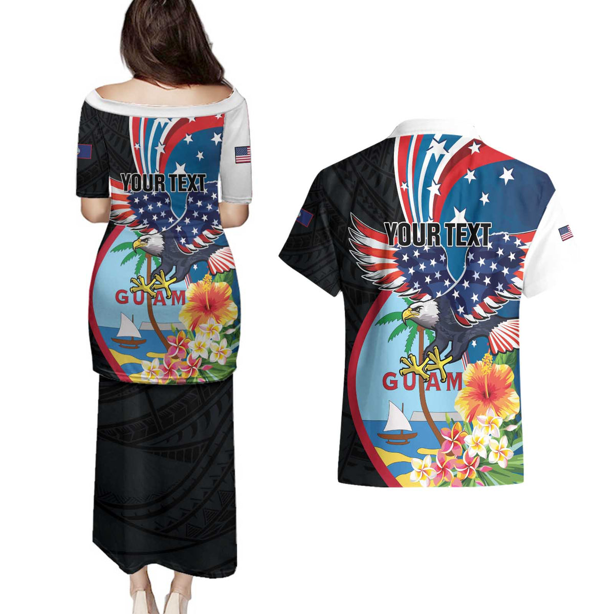 Personalized Guam Fourth of July Couples Matching Puletasi and Hawaiian Shirt Tropical Flowers LT01 - Polynesian Pride