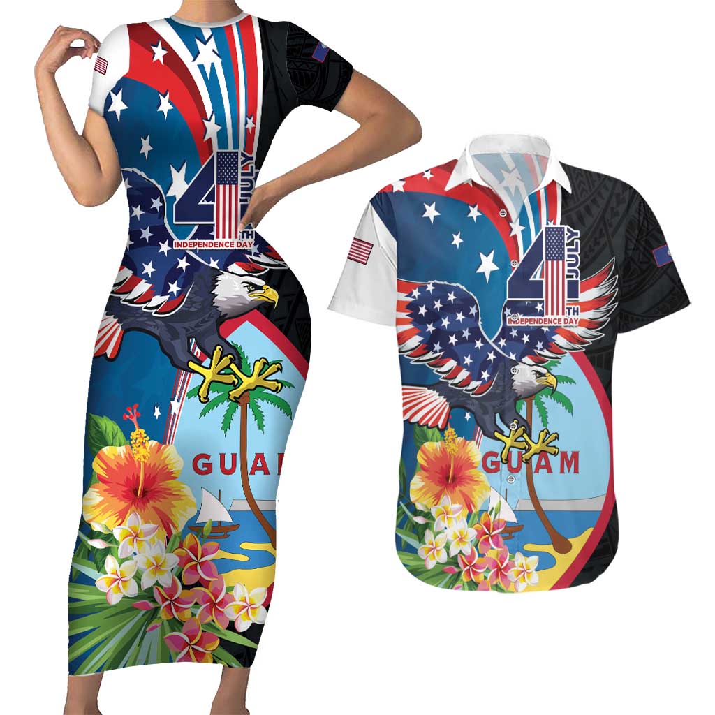 Personalized Guam Fourth of July Couples Matching Short Sleeve Bodycon Dress and Hawaiian Shirt Tropical Flowers LT01 Multicolor - Polynesian Pride