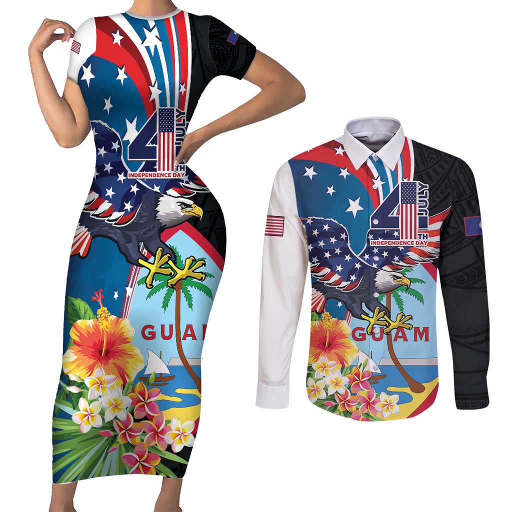 Personalized Guam Fourth of July Couples Matching Short Sleeve Bodycon Dress and Long Sleeve Button Shirt Tropical Flowers LT01 Multicolor - Polynesian Pride