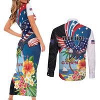 Personalized Guam Fourth of July Couples Matching Short Sleeve Bodycon Dress and Long Sleeve Button Shirt Tropical Flowers LT01 - Polynesian Pride