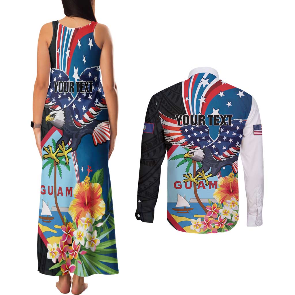 Personalized Guam Fourth of July Couples Matching Tank Maxi Dress and Long Sleeve Button Shirt Tropical Flowers LT01 - Polynesian Pride