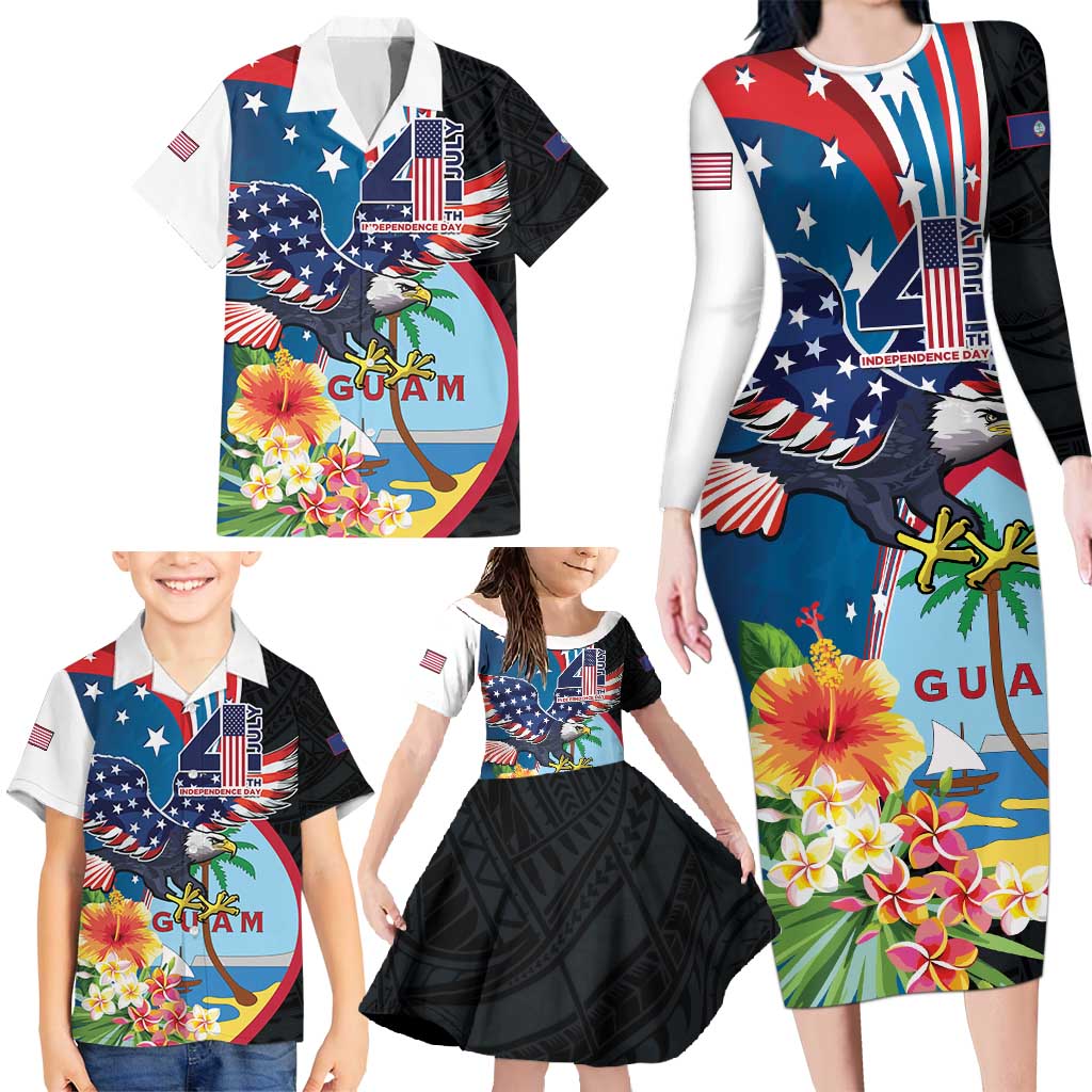 Personalized Guam Fourth of July Family Matching Long Sleeve Bodycon Dress and Hawaiian Shirt Tropical Flowers LT01 - Polynesian Pride