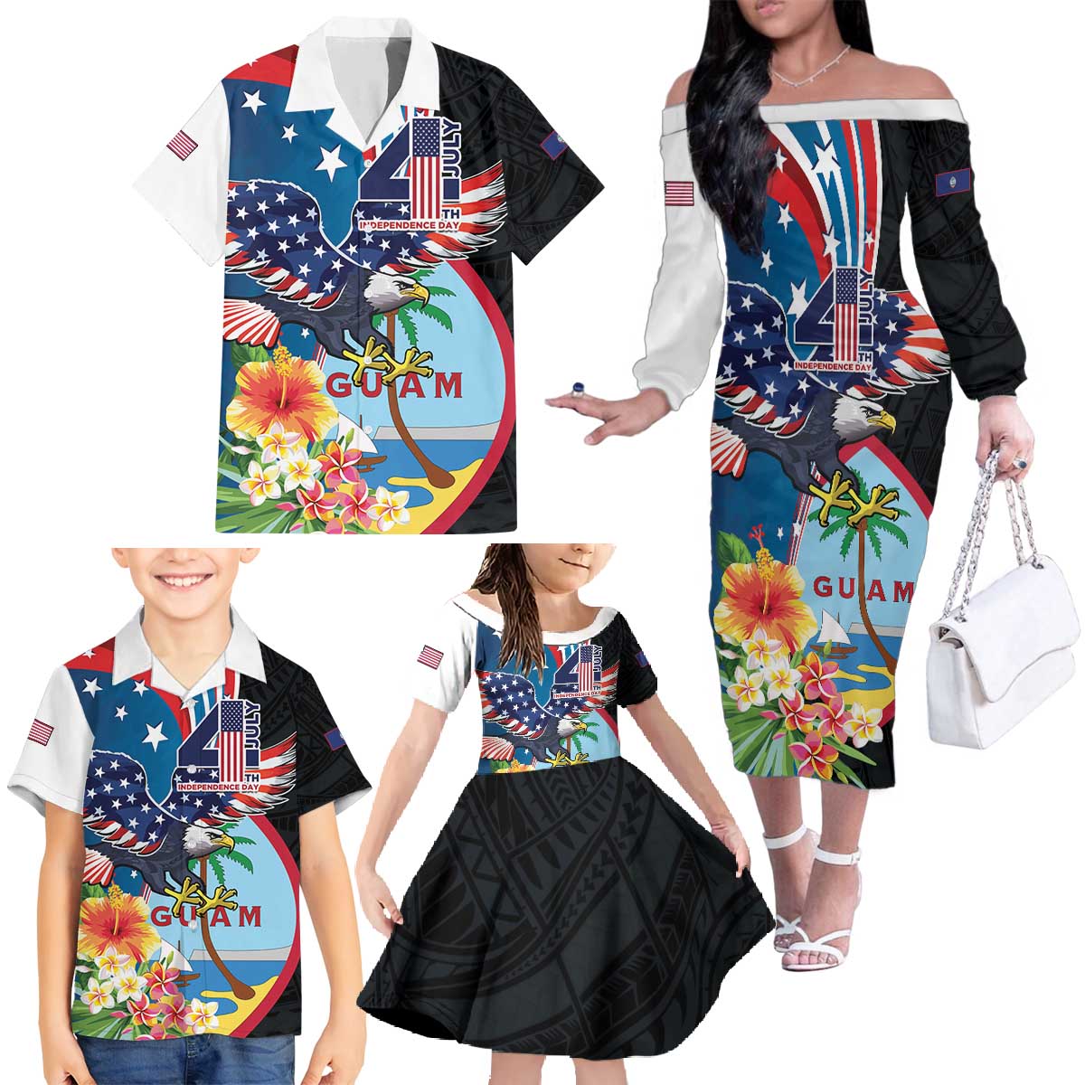 Personalized Guam Fourth of July Family Matching Off The Shoulder Long Sleeve Dress and Hawaiian Shirt Tropical Flowers LT01 - Polynesian Pride
