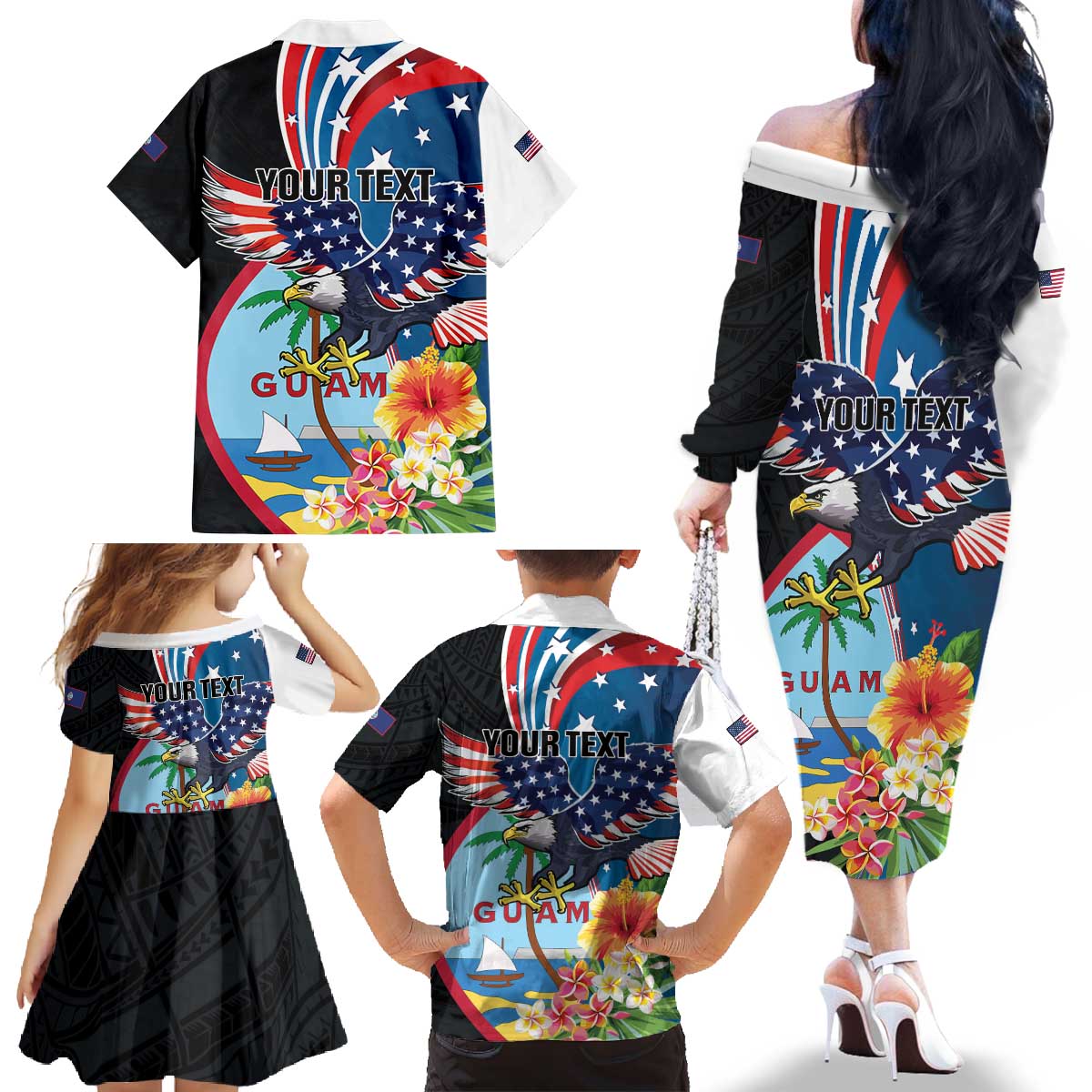 Personalized Guam Fourth of July Family Matching Off The Shoulder Long Sleeve Dress and Hawaiian Shirt Tropical Flowers LT01 - Polynesian Pride