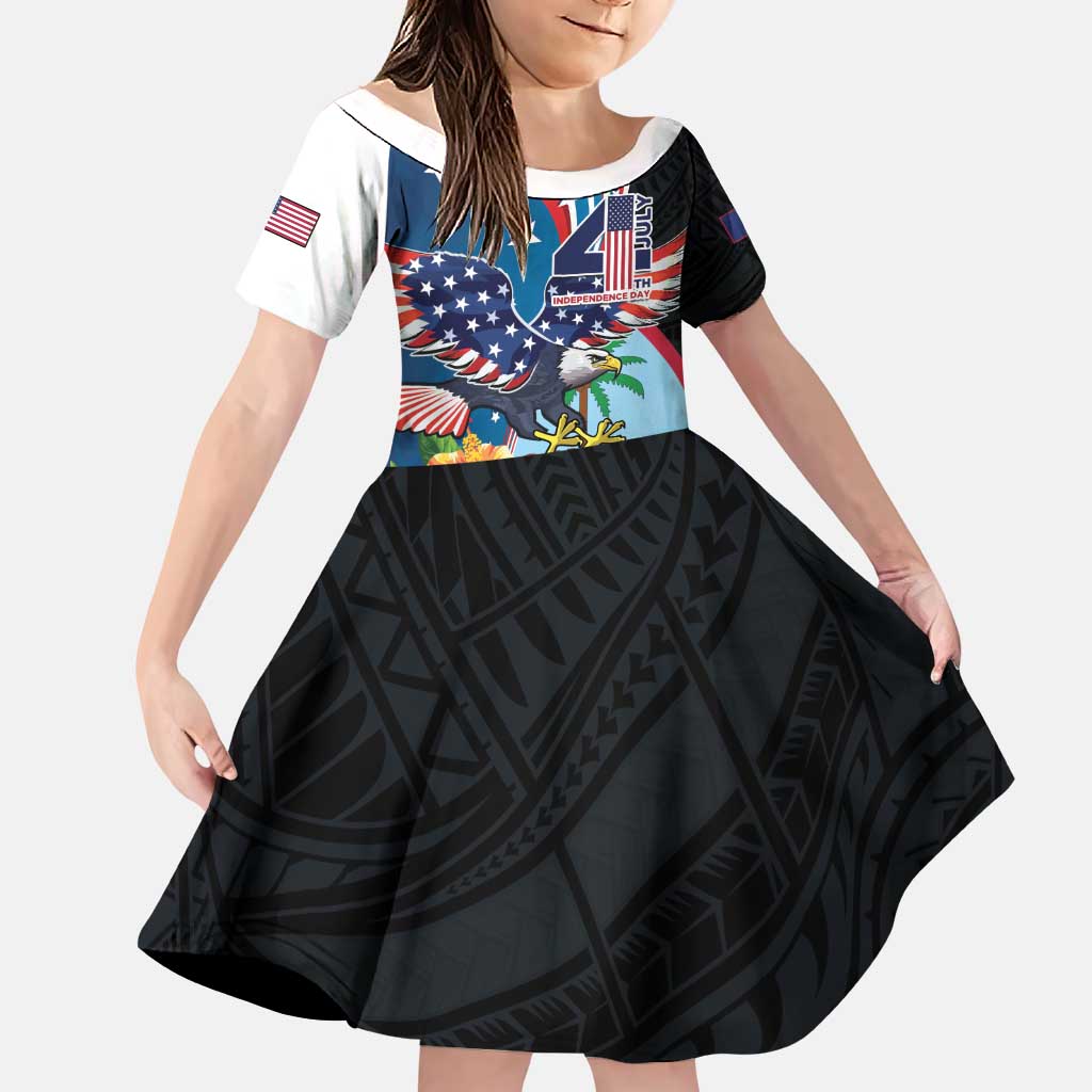 Personalized Guam Fourth of July Family Matching Puletasi and Hawaiian Shirt Tropical Flowers LT01 Daughter's Dress Multicolor - Polynesian Pride