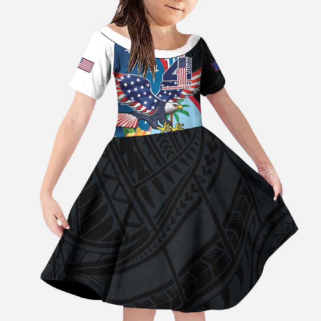 Personalized Guam Fourth of July Family Matching Short Sleeve Bodycon Dress and Hawaiian Shirt Tropical Flowers LT01 Daughter's Dress Multicolor - Polynesian Pride