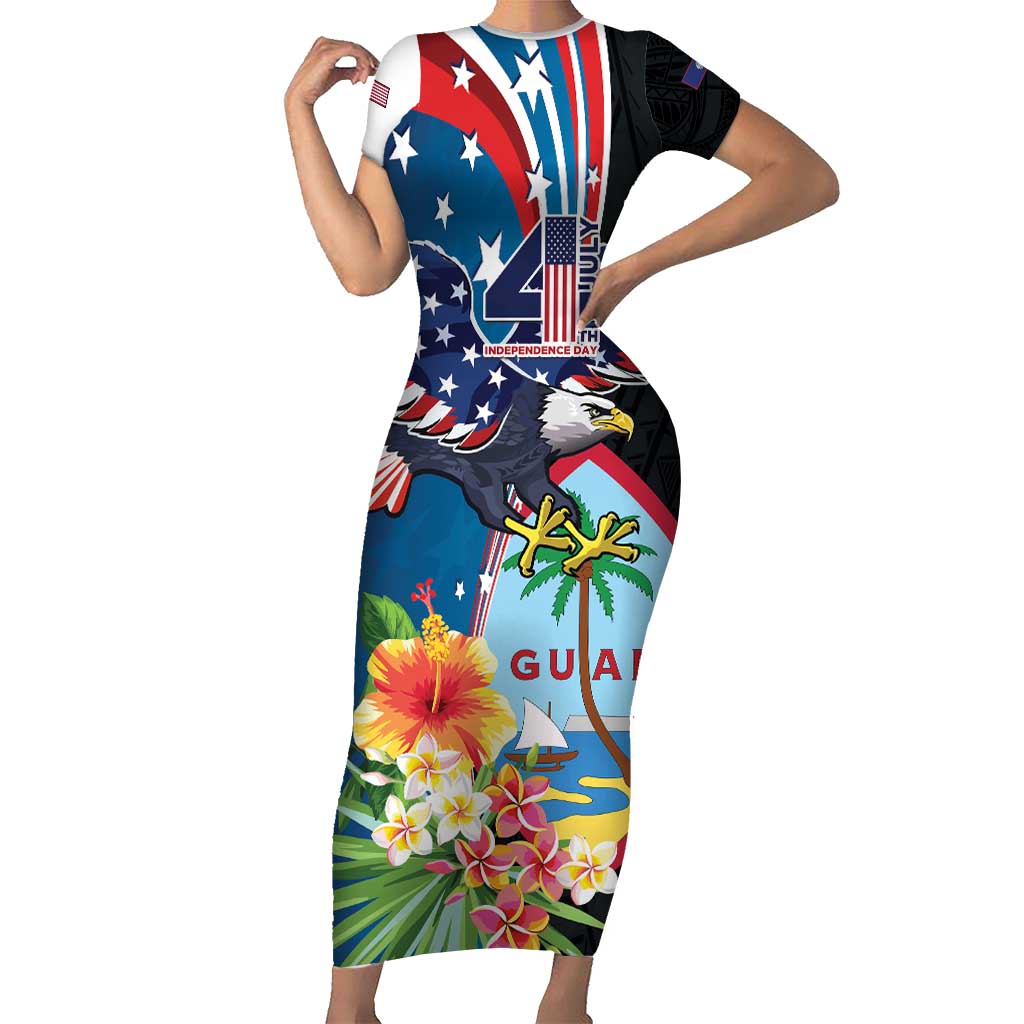Personalized Guam Fourth of July Family Matching Short Sleeve Bodycon Dress and Hawaiian Shirt Tropical Flowers LT01 Mom's Dress Multicolor - Polynesian Pride
