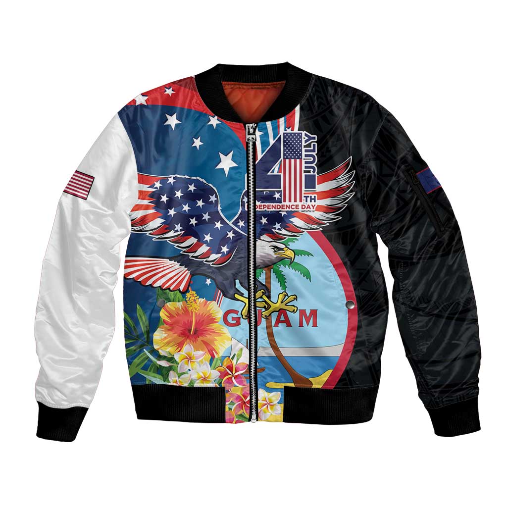Personalized Guam Fourth of July Sleeve Zip Bomber Jacket Tropical Flowers LT01 Unisex Multicolor - Polynesian Pride