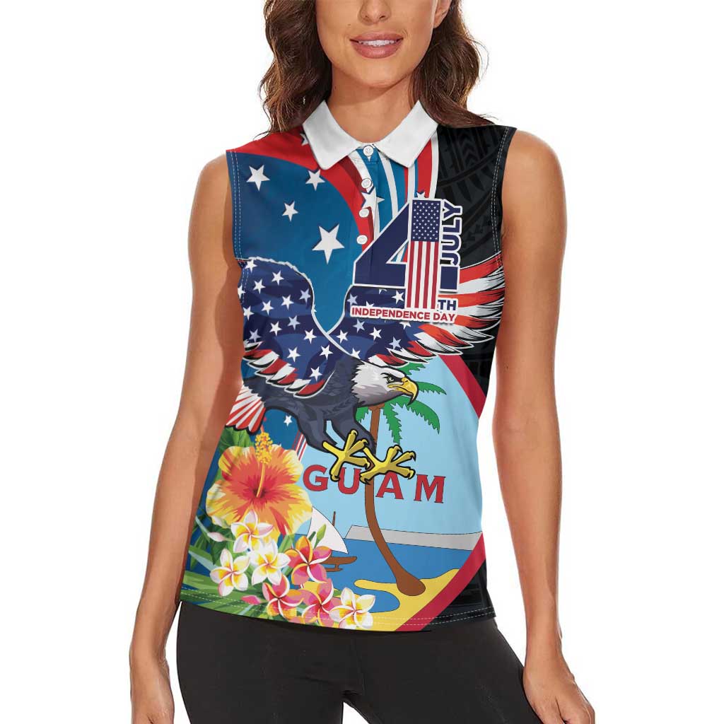 Personalized Guam Fourth of July Women Sleeveless Polo Shirt Tropical Flowers LT01 - Polynesian Pride