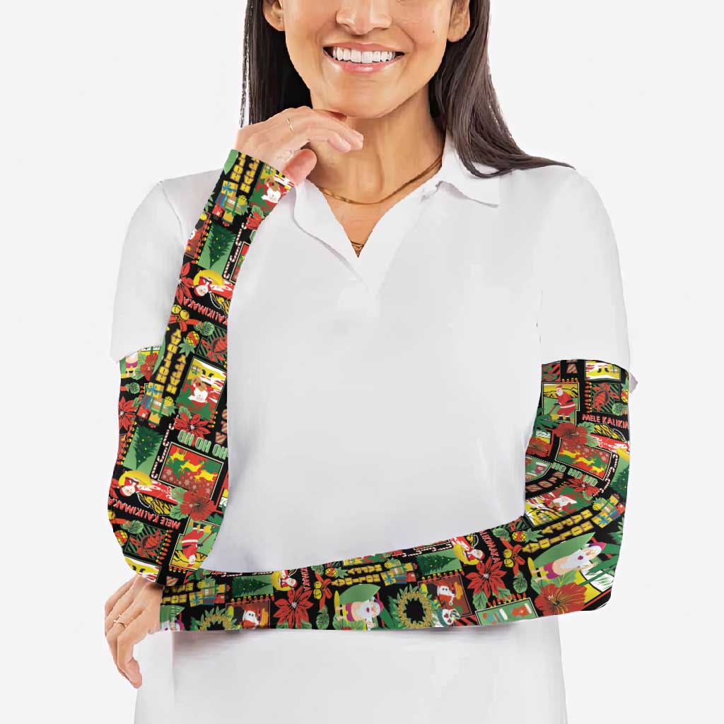Hawaiian Santa Christmas Pattern Arm Sleeves Black Version LT01 - Polynesian Pride